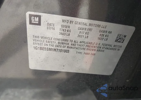 2017 Chevrolet Cruze Lt Auto z USA, uszkodzony, nr VIN 1G1BE5SM1H7101003